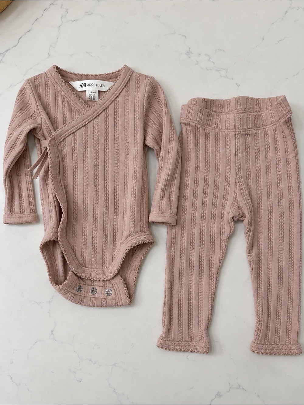 H&M Mauve Ribbed Wrap-Front Baby One-Piece with Leggings 6M